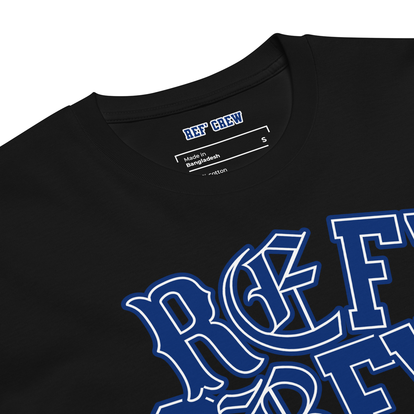 Black "Ref' Crew" tee with blue Old English lettering, premium combed cotton, and streetwear style for basketball officials.