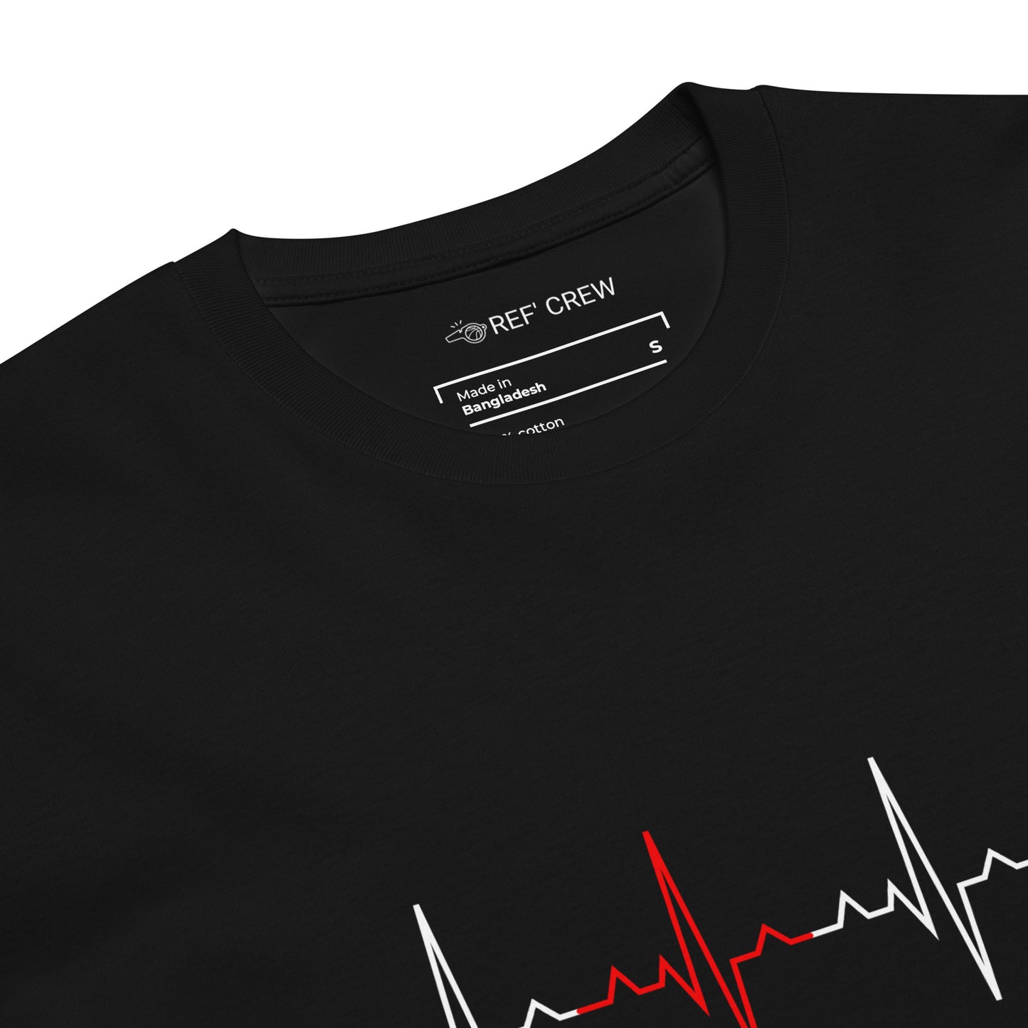 Black "The Pulse Tee" with a minimalist red and white heartbeat graphic, "REF' CREW" neck label.