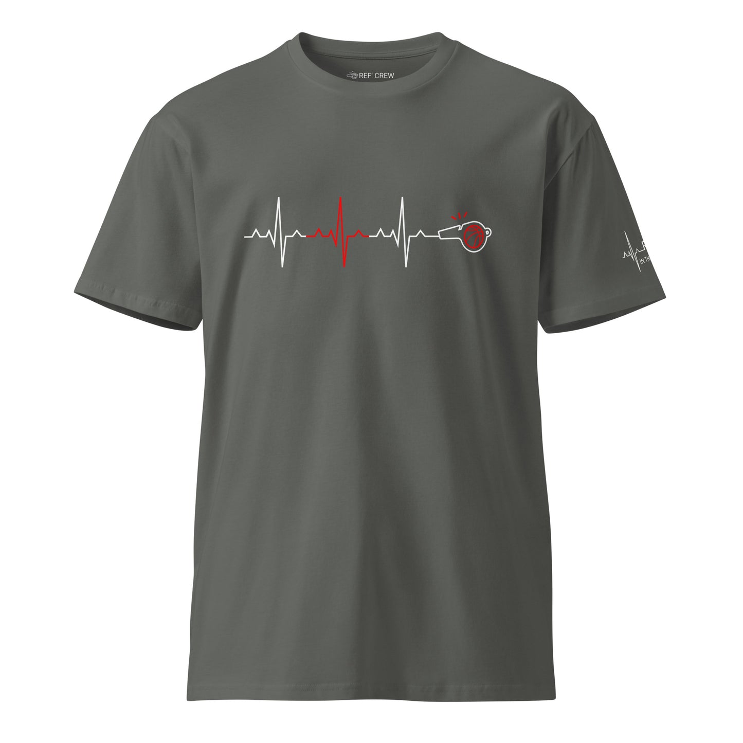 Charcoal gray "The Pulse Tee" with a minimalist red and white heartbeat graphic ending in a whistle.