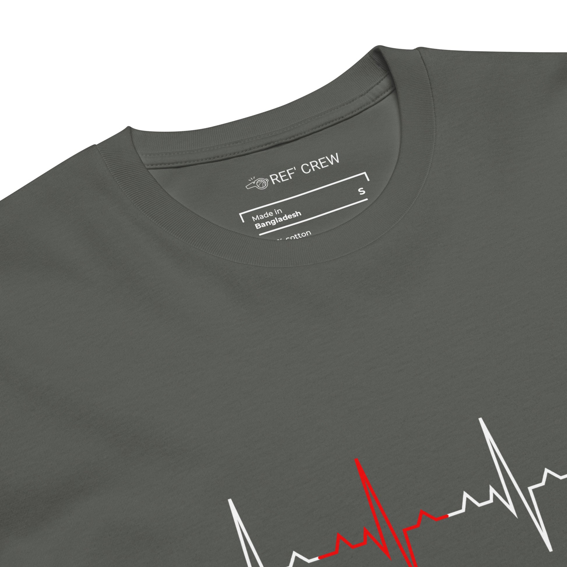 Charcoal gray "The Pulse Tee" with minimalist red and white heartbeat graphic, "REF' CREW" tag, and size S.