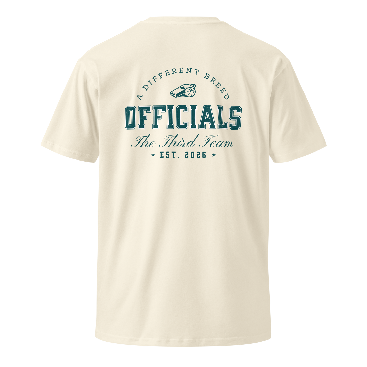 Cream AS Colour 5001 combed cotton tee with "Officials - The Third Team" graphic and whistle logo on back.