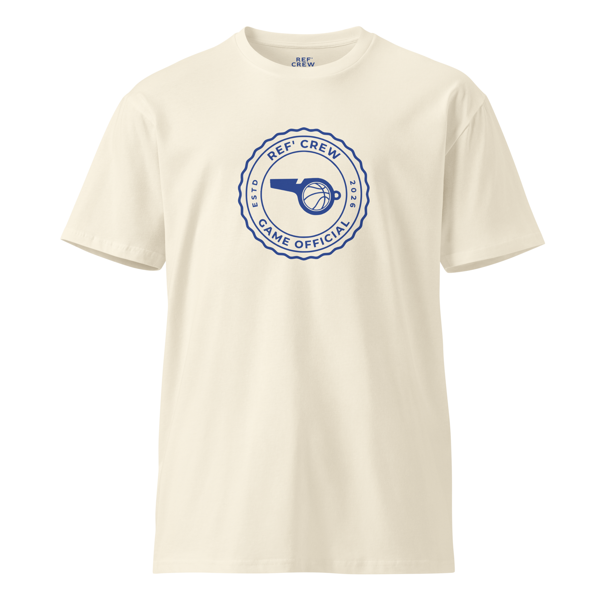 Cream AS Colour 5001 cotton tee with blue "Ref' Crew Game Official" badge, whistle, and basketball graphic.