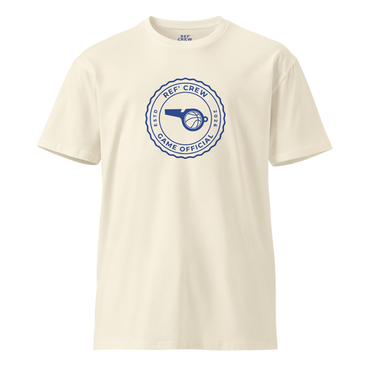 Cream AS Colour 5001 cotton tee with blue "Ref' Crew Game Official" badge, whistle, and basketball graphic.