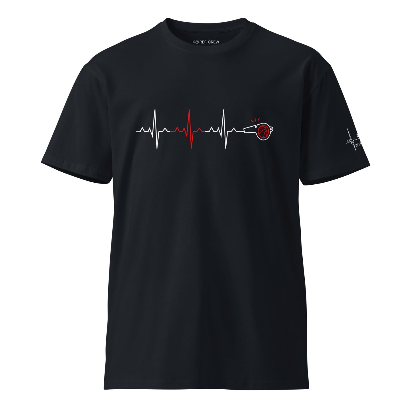 Black "The Pulse Tee" with minimalist red and white heartbeat graphic ending in a whistle, for basketball referees.