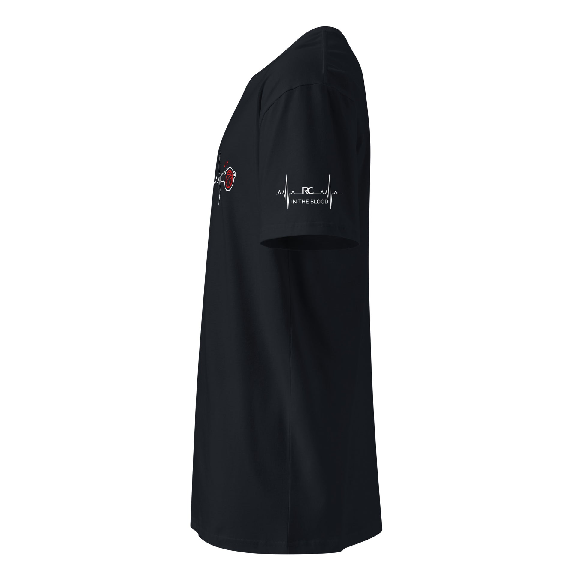 Black "The Pulse Tee" with minimalist heartbeat and whistle graphic, RC sleeve detail.