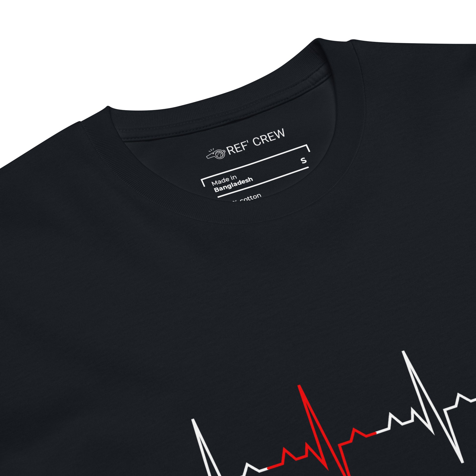 Black "The Pulse Tee" with minimalist red and white heartbeat graphic, "REF' CREW" tag, and "S" size.