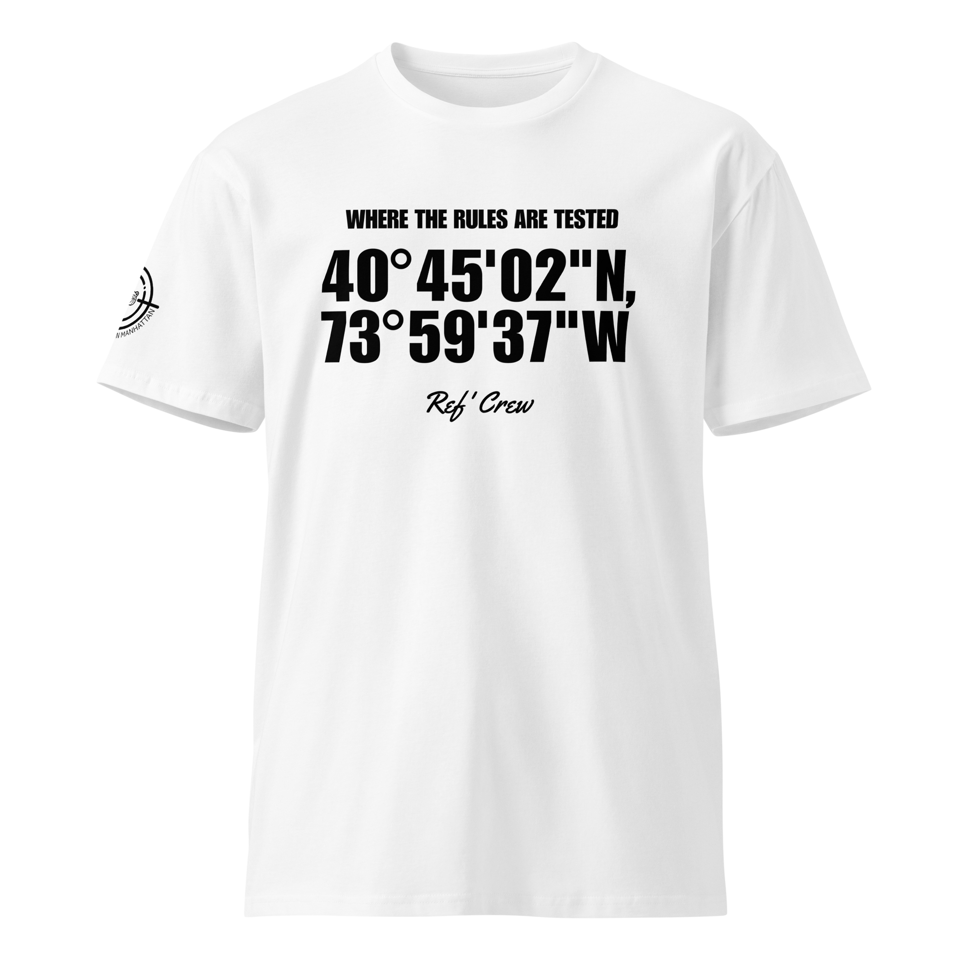 White Ref' Crew Coordinates Tee with Madison Square Garden GPS coordinates and "WHERE THE RULES ARE TESTED" text.