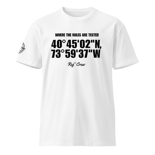White Ref' Crew Coordinates Tee with Madison Square Garden GPS coordinates and "WHERE THE RULES ARE TESTED" text.