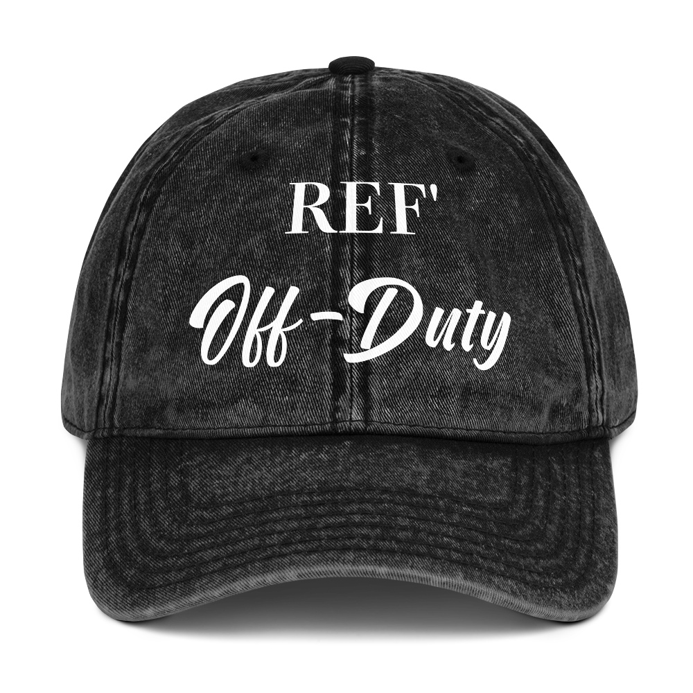 Washed black cotton "REF' Off-Duty" vintage dad cap for basketball referees, featuring white DTF print.