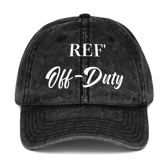 Washed black cotton "REF' Off-Duty" vintage dad cap for basketball referees, featuring white DTF print.