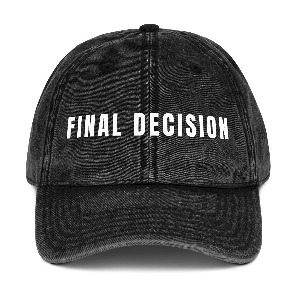Washed black vintage cotton dad cap with "FINAL DECISION" in bold white text, perfect for basketball referees.