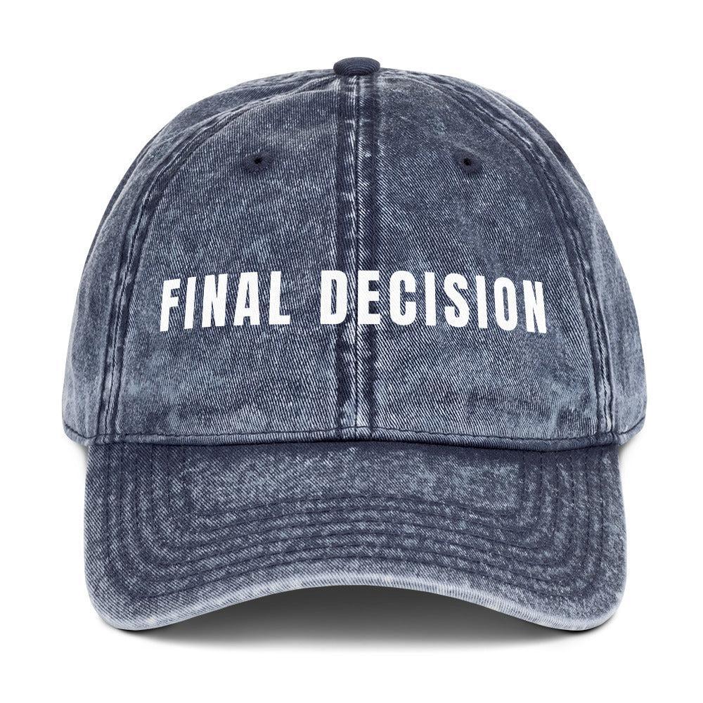 Premium navy washed cotton dad cap with "FINAL DECISION" in bold white text, perfect for basketball referees.