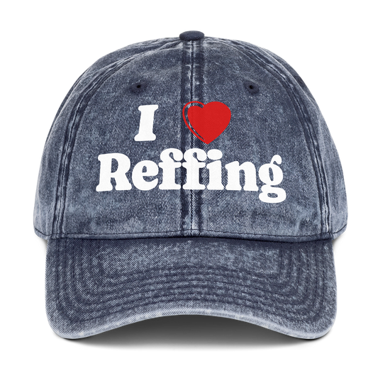 Navy washed cotton Ref' Crew dad cap for basketball referees, vintage "I ❤ Reffing" print in white and red — front view