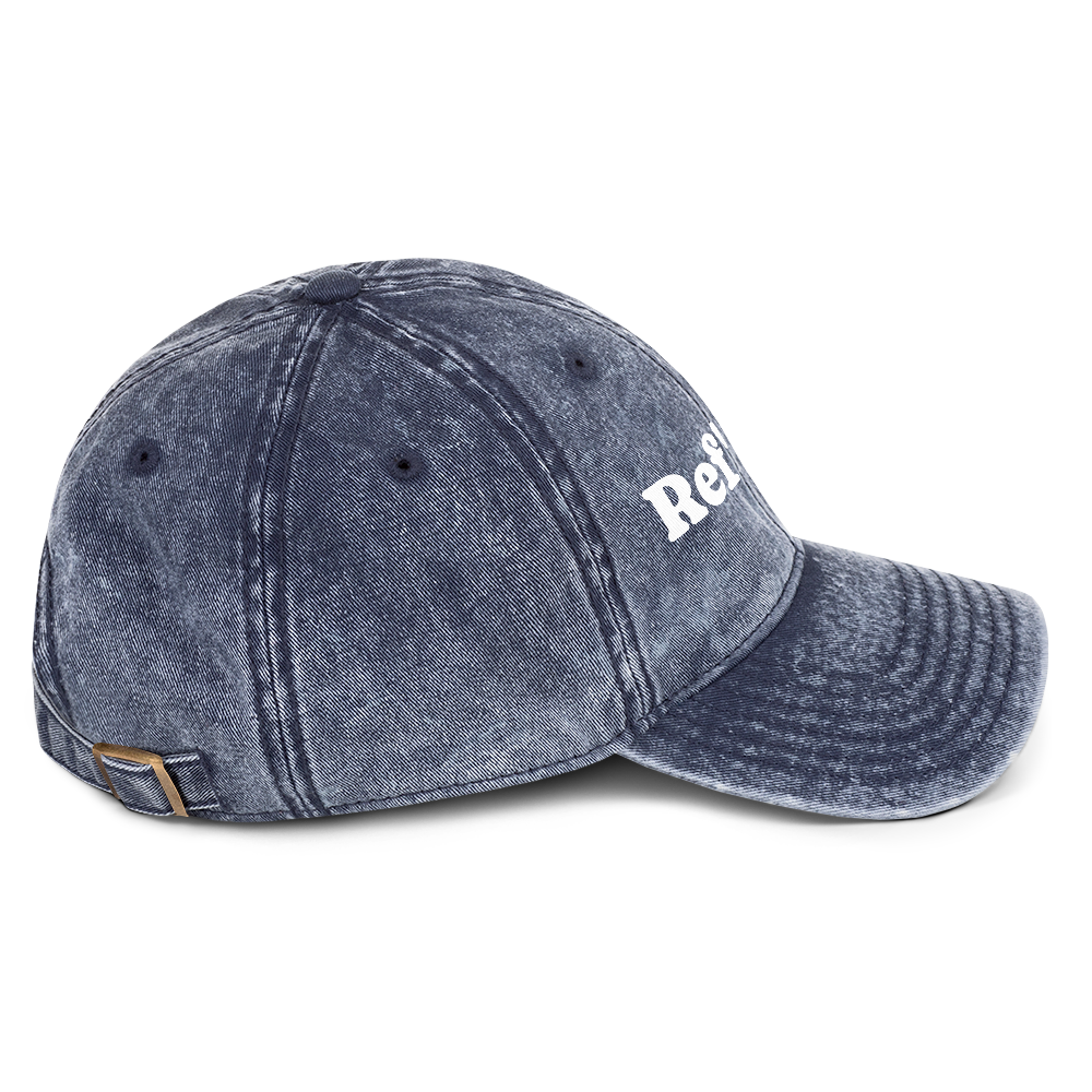 Washed navy cotton twill dad cap with "Ref' Crew" in white, brass buckle, for basketball officials.