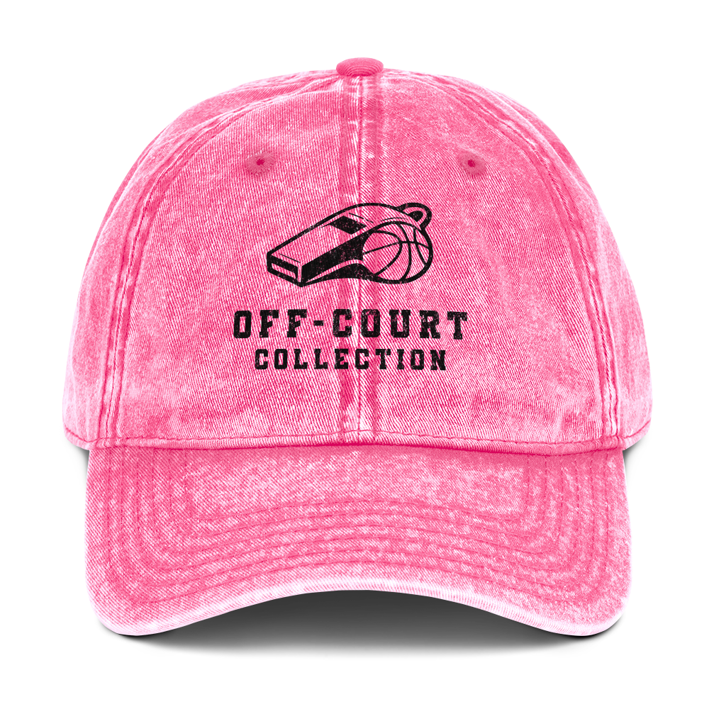 Washed pink vintage dad cap with black whistle and basketball icon, "Off-Court Collection" text.