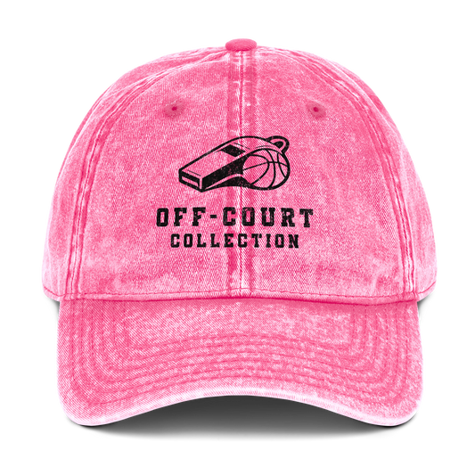 Washed pink vintage dad cap with black whistle and basketball icon, "Off-Court Collection" text.