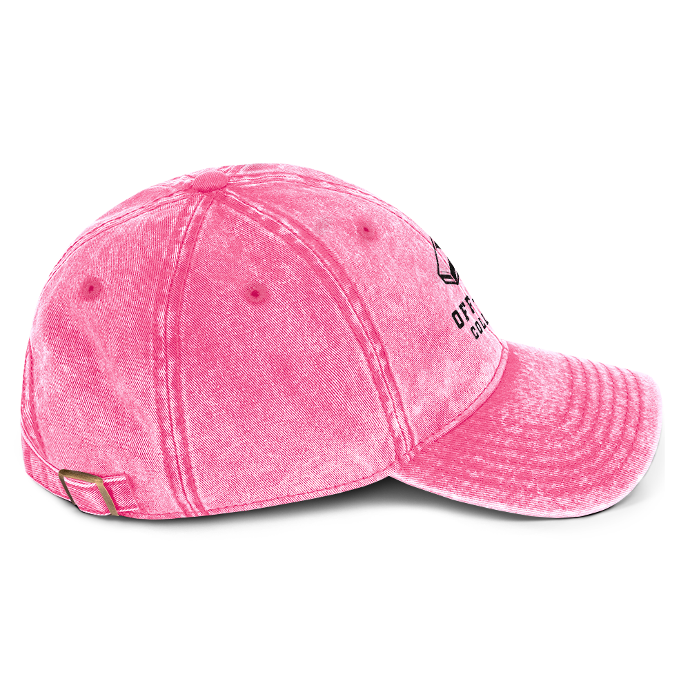 Washed pink cotton dad cap with "Off-Court Collection" text and whistle/basketball logo, brass buckle.